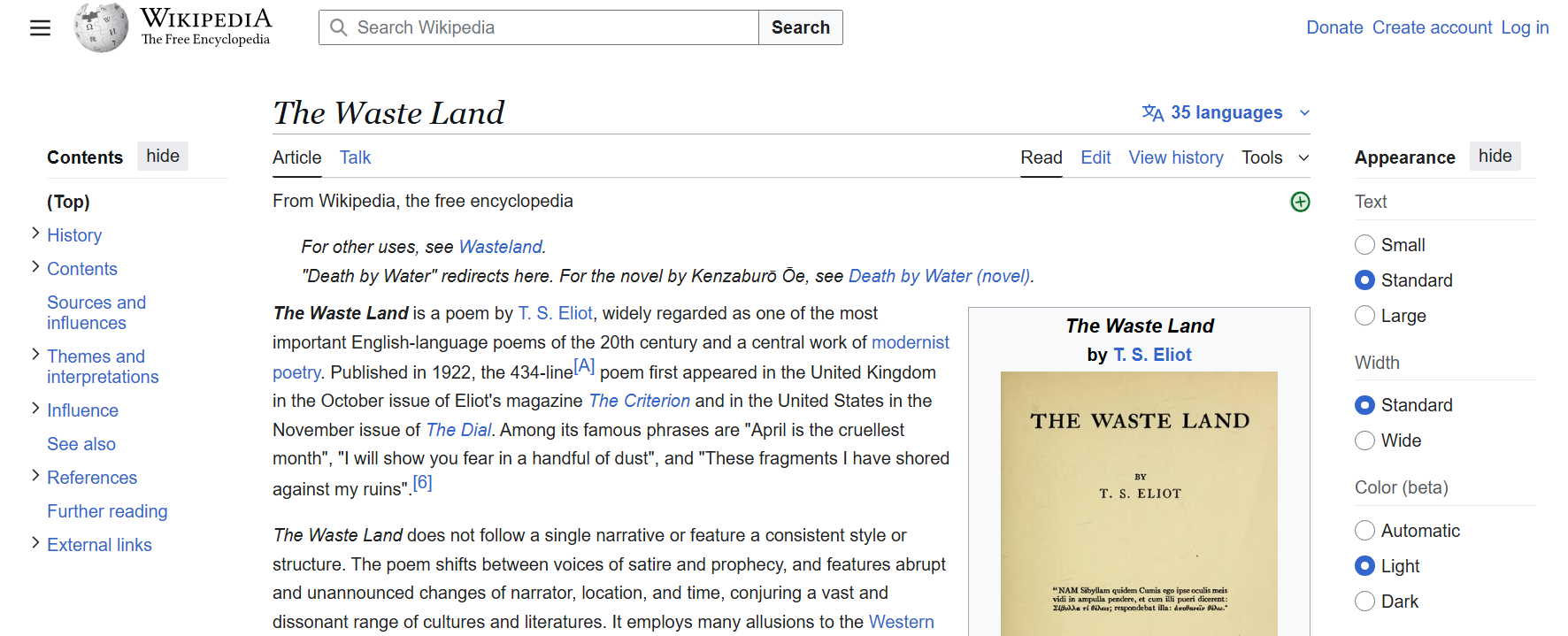 The Wikipedia article for the poem The Waste Land, with the default medium font size.